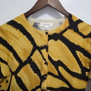 Isaac Mizrahi Cardigan Med Yellow Black Animal Print Tiger Stripe Preppy Sweater